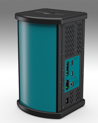 A portable RFID reader with a black frame and a curved blue front panel. A control panel and AC power inlet are visible on the side, and a recessed carrying handle is visible on the top.