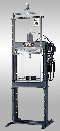 A Dake 25 ton electro-hydraulic press with a safety enclosure around the ram and open area.