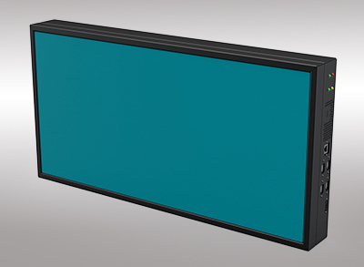 A rectangular flat-faced RFID reader with a black-anodized aluminum outer frame and a blue front panel.