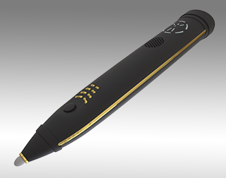 A handpiece that looks like a thick pen, made of black plastic with some gold electrodes visible on the front and side. There is also a white tip, a pushbutton on the front, a speaker grille, and a group of clear LED light guides flush with the surface of the handpiece.