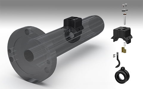 A laser shutter mechanism, shown installed and in an exploded view.